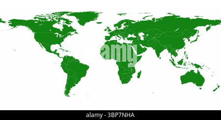 Minimalist flat design world map graphic is showing green landmasses with white boundary lines Stock Photo