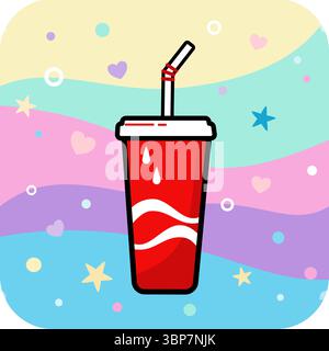Soda cup on pastel colored wave background with stars and hearts Stock Vector