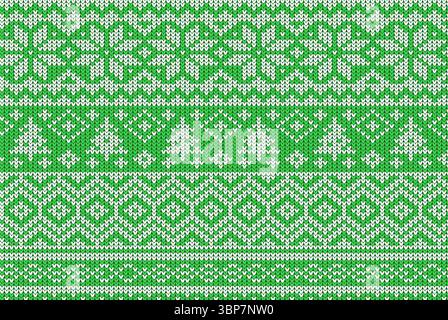 Knitted green white textile is showing holiday snowflake diamond tree motifs in flat design Stock Photo