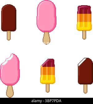 Pixel art bitten and whole ice cream set. 8-bit style frozen treats on sticks - fruity and layered popsicles, chocolate covered bars. Retro dessert Stock Vector
