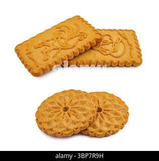 Food, Three types of traditional cookies are arranged on a white background. Two rectangular cookies feature intricate designs, while three round cook Stock Photo