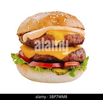 Food, Indulge in the irresistible allure of this towering double beef burger, its juicy patties smothered in melted cheese and adorned with fresh vege Stock Photo
