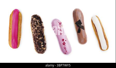 Food, Different types of French eclairs on a white plate isolated on white background Stock Photo