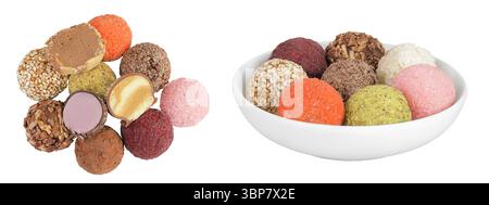 A variety of different truffles in ceramic bowl Isolated on a white background. Top view. Flat lay Stock Photo