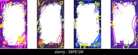 Grunge paint spray text boxes frames set with doodle crown, hearts. Graffiti callout templates with airbrush scribble lines, specks. Retro texture pos Stock Vector