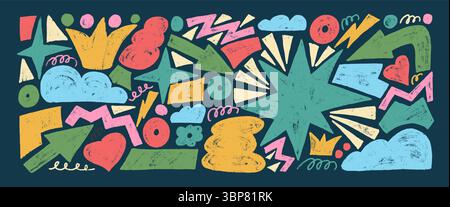 Playful geometric shapes crayon drawn set. Stars, crown, arrows and vector figures by pencil Organic colorful playful stickers doodle isolated on dark Stock Vector