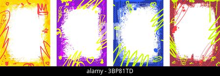 Grunge colorful frames template with scribbles and aerosol paint. Graffiti spray art layout backgrounds set. Borders with airbrush lines. Halftone dec Stock Vector