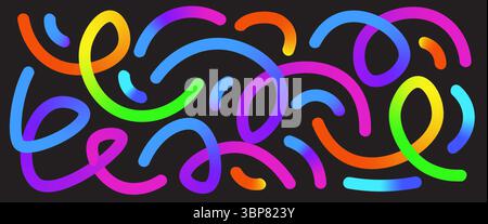 Multi colors waves lines set. Wavy abstract shapes collection. Gradients squiggle doodles spirals. Iridescent curved elements on black background Vect Stock Vector