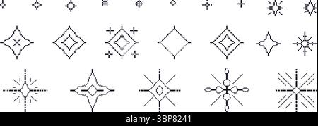 Pixel stars. 8bit sparkles. Festive firework icons in retro 90s style. Shine glitter Christmas decoration. Twinkle y2k snowflakes. Vintage party eleme Stock Vector