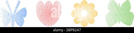 Grain colorful noise gradient butterflies and flowers shape set. Y2k floral forms. Gritty grunge butterfly, tulip and daisy icons on white background. Stock Vector