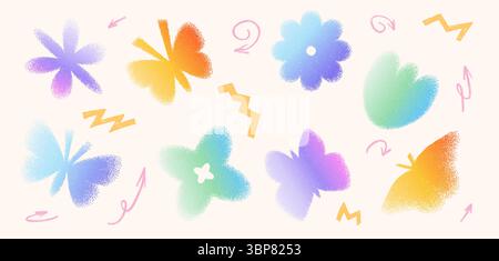 Grain colorful noise gradient butterflies and flowers shape set. Y2k iridescent floral forms. Gritty grunge butterfly, tulip and daisy icons on beige Stock Vector