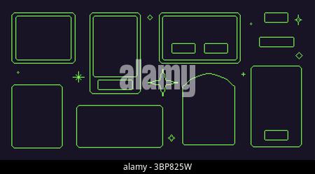 Pixel art frames set. 8 bit geometric borders. Rectangle green text boxes in retro 90s style isolated on white background. Digital blanks with decorat Stock Vector
