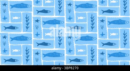Crayon fish blue seamless pattern. Sardines hand drawn bento grid endless background. Nautical repeat cover. Sea continuous ornament. Surface pattern Stock Vector