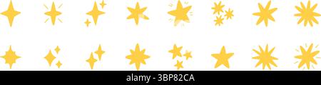 Doodle glitter twinkle star icons set. Yellow hand drawn shine star burst symbol. Sketch magic blink collection. Doodle spark shape icons. Vector Stock Vector