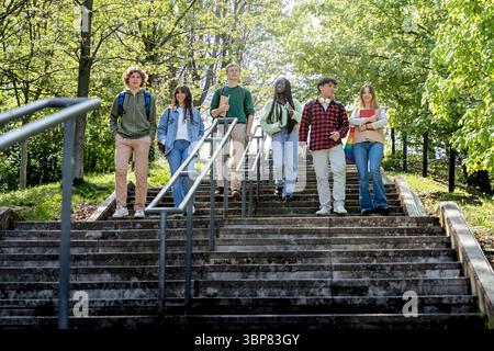 A diverse group of happy young university students in casual wear walk down outdoor stairs on a green campus, representing education, youth culture, a Stock Photo