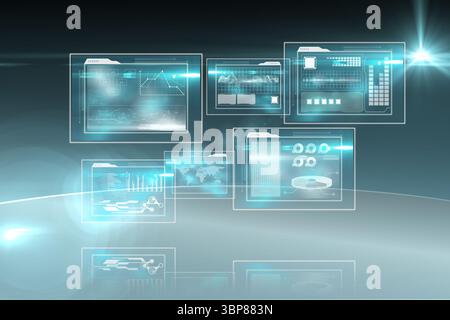 Holographic panels are floating over platform in futuristic UI and displaying line graphs and map Stock Photo