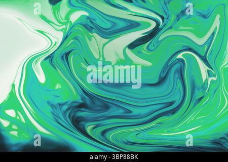 Showing abstract fluid swirl pattern filling width in green turquoise blue white, no background Stock Photo