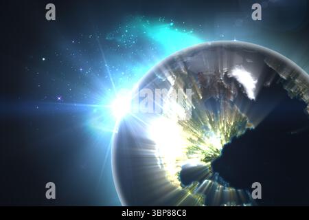 3D render showing Earth orbiting sun, glowing city lights, lens flares, nebula glow and starfield Stock Photo