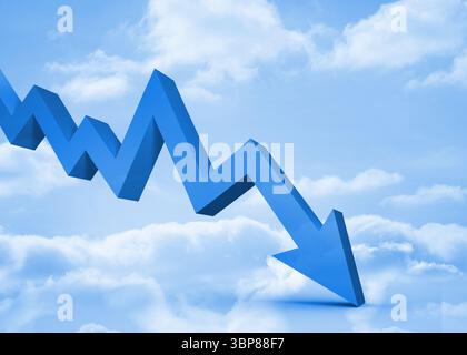 3D zigzag arrow is descending through light blue sky in digital illustration with fluffy clouds Stock Photo