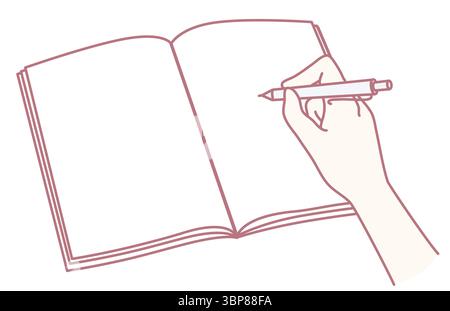 A hand firmly grasping a pen and busily writing in an open notebook, serving creative or educational purposes Stock Vector
