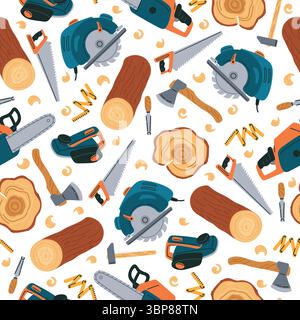 Woodworking tools seamless pattern. Carpentry equipment. Saw and axe for wood log cut. Industrial hammer. Repeated print. Chisel and chainsaw. Carpent Stock Vector
