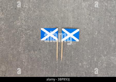 Two Vertical Scottish Flags Standing Side by Side on Grey Surface Stock Photo