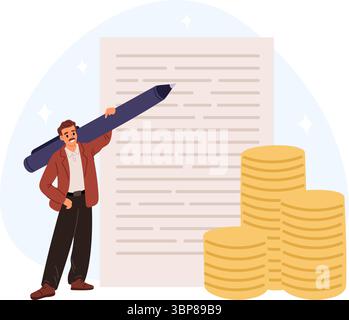 Male copywriter makes money from writing text. Screenwriting or blogging. Gold coins stack. Editor job. Publication document. Journalist with big penc Stock Vector