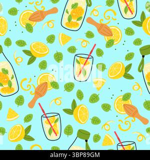 Lemonade glass seamless pattern. Lemon slices and mint leaves. Citron zest. Cocktail cup. Repeated print. Summer fresh drink. Refreshing beach beverag Stock Vector