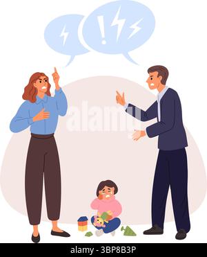 Family conflict. Man and woman fighting. Baby crying. Couple divorce. Parents angry quarrel. Mother and father abuse yelling. People disagreement. Pro Stock Vector