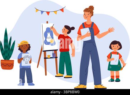Cartoon school teachers. Different mentors lessons. Professionals with college subjects attributes. Education process. People teaching creativity in c Stock Vector