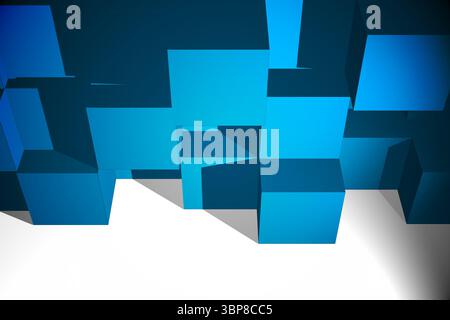 Blue cubes and rectangular prisms are floating over reflective surface in dark gradient 3D render Stock Photo