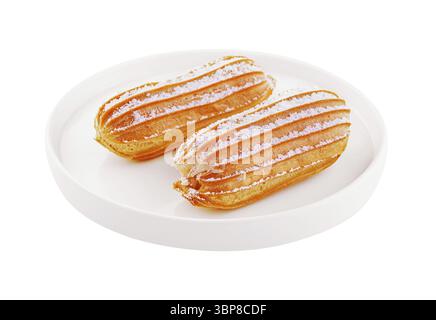 Food, Two eclairs on white plate isolated Stock Photo