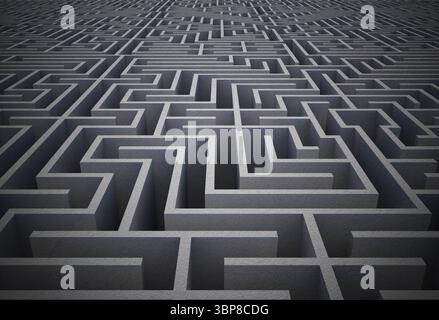 3D render is showing sprawling concrete maze unfolding grid corridors toward horizon, copy space Stock Photo