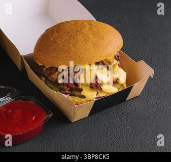 Food, Barbeque Pulled Pork Burger top view Stock Photo