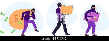 Male thief wearing black mask stole money, credit card and folder with personal information. Financial crime. Cash theft. Breaking law. Economic fraud Stock Vector