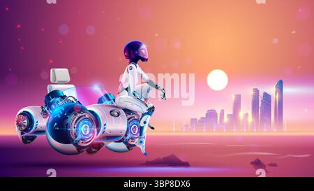 A girl motorcyclist in futuristic protection and helmet sits on a fantastic vehicle that looks like a flying motorcycle outside the city against the Stock Vector