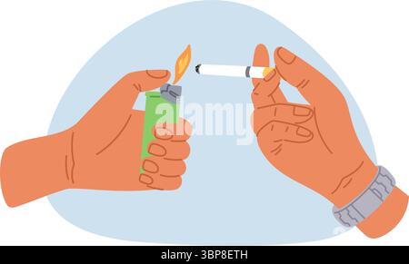 Hands holding lighter and tobacco cigarette. Ciggy smoking. Light nicotine stick. Smoker arms burning cigar for smoke. Unhealthy habit and addiction. Stock Vector
