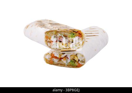 Food, Delicious chicken shawarma wrap with vegetables, isolated on a white background Stock Photo