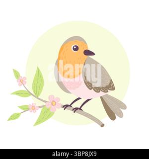 Cute robin bird sitting on a tree branch, Vector illustration in flat style Stock Vector