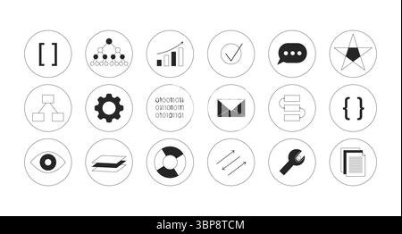 Technology and data 2D line round stickers objects set Stock Vector