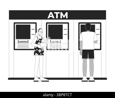 Diverse people using ATM machines for banking transactions outline illustration Stock Vector