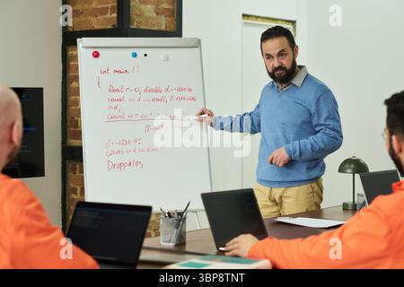 Middle aged Caucasian man teaching programming to group of adult men in orange uniforms in classroom setting, standing by whiteboard with handwritten code, students listening attentively Stock Photo
