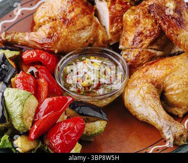 Food, Delicious roasted chicken served with grilled vegetables and sauce on a rustic plate Stock Photo