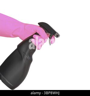 Hand in pink rubber glove holding black plastic spray detergent bottle. Household chemicals. Cleaning product Stock Photo