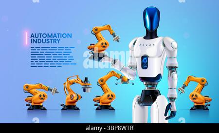 A humanoid robot with AI stands surrounded by industrial robots and holds an industrial robotic arm in the palm of his hand. Future automation Stock Vector