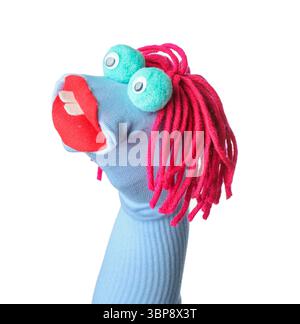 Funny sock puppet with hair isolated on white Stock Photo