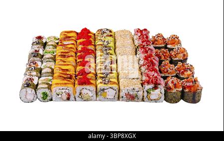 Food, An attractive display of assorted sushi, featuring various rolls filled with fresh ingredients, placed neatly on a white surface. This vibrant s Stock Photo