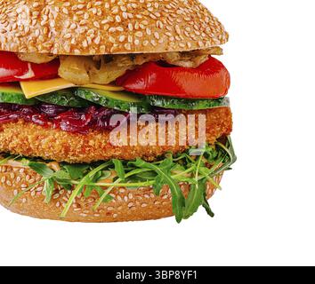 Food, A hamburger is stacked high with a golden crispy patty, cheese, fresh vegetables including tomatoes and cucumbers, all encased in a sesame seed Stock Photo