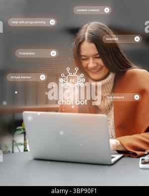 Woman using laptop with chatbot interface at modern workspace focused on AI applications and digital assistance Stock Photo