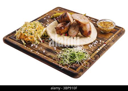 Food, Delicious grilled sausages on a board with mustard sauce Stock Photo
